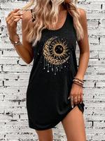 Women's Sun & Moon Print Round Neck Tank Dress, Casual Sleeveless Short Dress for Daily Wear, Ladies Clothes for All Seasons,...