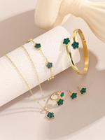 Women's Elegant Flower Design Jewelry Set, Fashion Pendant Necklace & Ring & Bangle & Bracelet & Stud Earrings, Trendy All-ma...