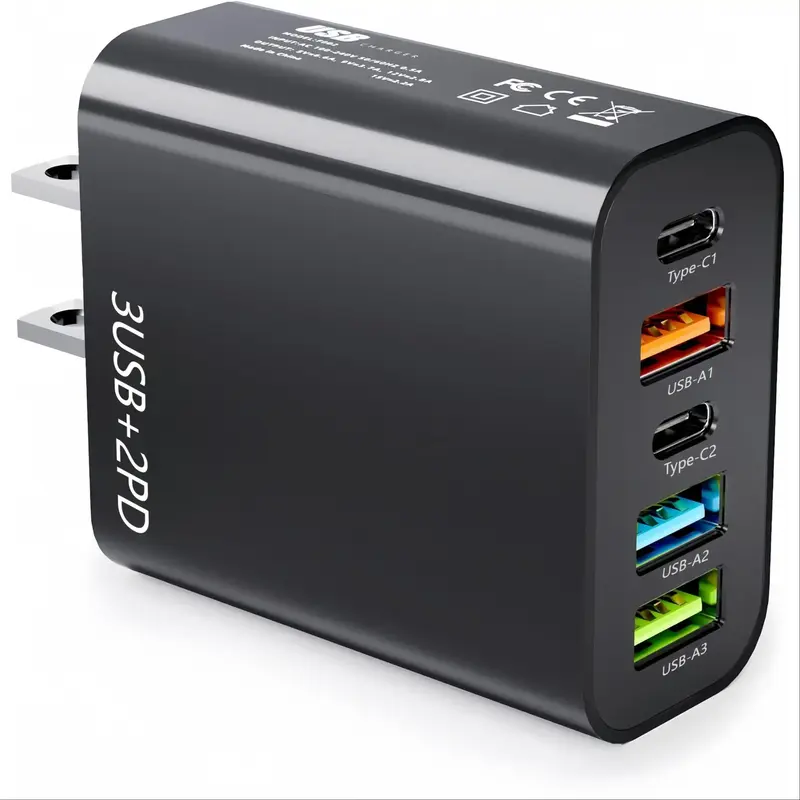 5 Port USB Wall Charger Adapter, 1 Count 2PD & 3USB Portable Charger for iPhone Android Cellphone, Multi-port Fast Charging...