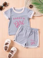 Two-Piece Set Toddler Girl's Solid Round Neck Tee & Letter Print Shorts Set, Casual Short Sleeve T-shirt & Elastic Waist Shor...