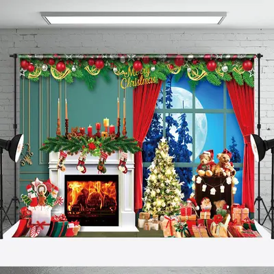 Aperturee Green Wall Fireplace Moon Window Christmas Backdrop