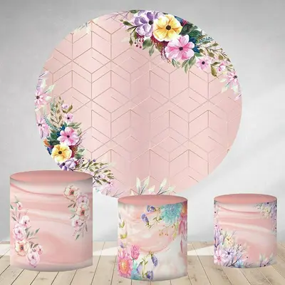 Aperturee Light Pink Floral Round Girls Happy Birthday Backdrop | Custom Round Backdrop | Round Backdrop Fabric Cover | Circl...