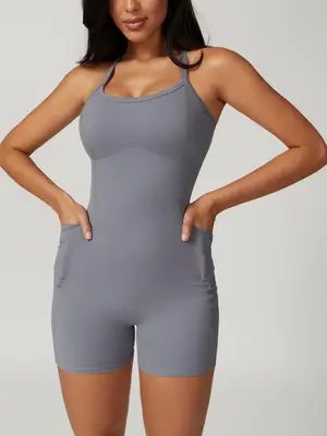 Sporty Women's Criss Cross Pocket Sports Romper, Sport Chest Padded Quick Drying Tank Romper, Ladies Summer Sportswear, Tummy...