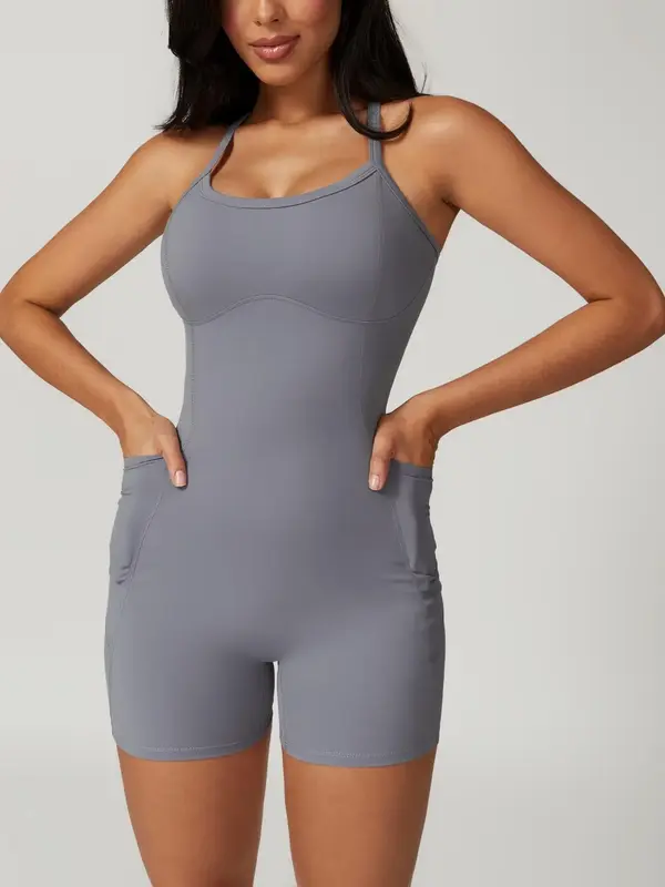 Sporty Women's Criss Cross Pocket Sports Romper, Sport Chest Padded Quick Drying Tank Romper, Ladies Summer Sportswear, Tummy...