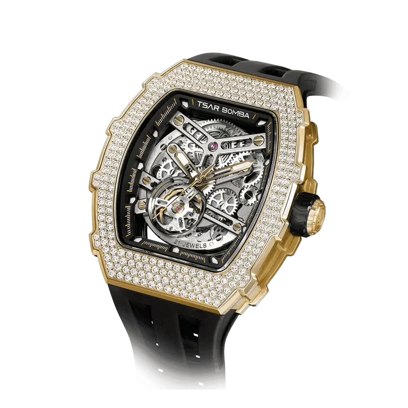 TSAR BOMBA Men's Automatic Watch | Black | Elemental TB8208D | High-Tech Ceramic Bezel | Japanese Mechanical Skeleton Movemen...