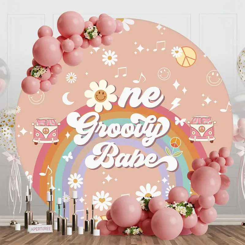 Round Boho Rainbow One Groovy Babe Birthday Backdrop