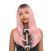 22-Inch Warm Pink Ombre (Scorched Brown Roots) Barely Wavy Layered Front Cut Synthetic Wig | 【Heat Resistant】【Cap Inclu...