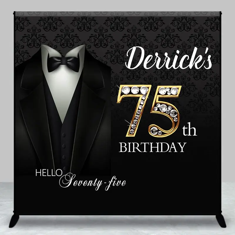 Black Suit Custom Name Gold 75th Birthday Backdrop