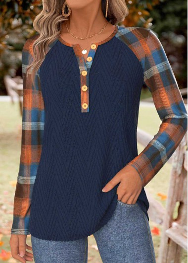 Modlily Navy Tummy Coverage Plaid Long Sleeve T Shirt - XL
