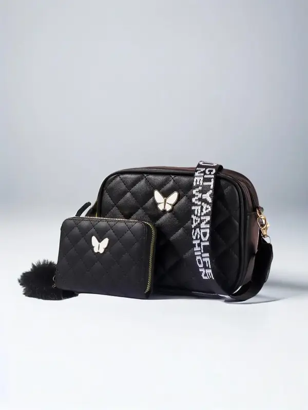 Women's Fashion Simple Plain Rhombus Quilted Designer Crossbody Purse Bag, with Butterfly Decor and Lightweight Small Square ...