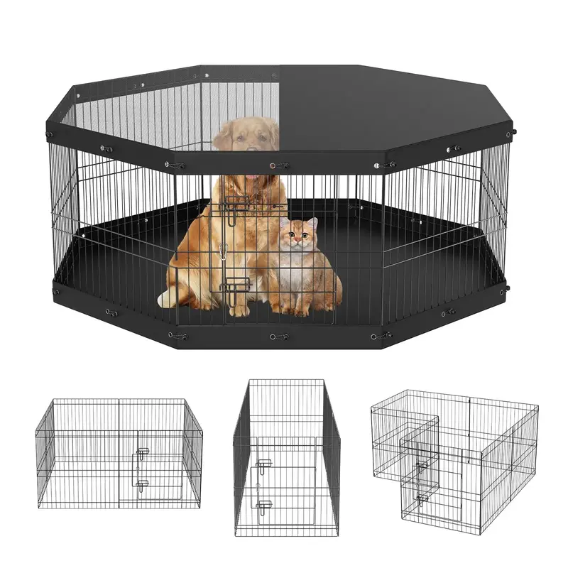 VEVOR Dog Playpen, 8 Panels Foldable Metal Dog Exercise Pen with Top Cover and Bottom Pad, 24 H Pet Fence Puppy Crate Kenne...