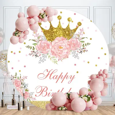 Aperturee Gold Glitter Pink Flower Round Happy Birthday Backdrop