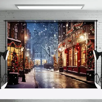 Aperturee Snowy Night Holiday Citywalk Lightlap Shop Backdrop