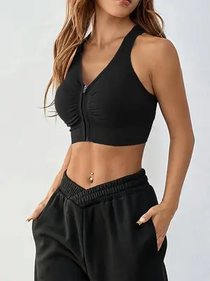 Women's Cut Out Zipper Front Crop Sports Vest, Sport Ruched V Neck Tank Top, Ladies Sportswear Clothing for Indoor Outdoor W...