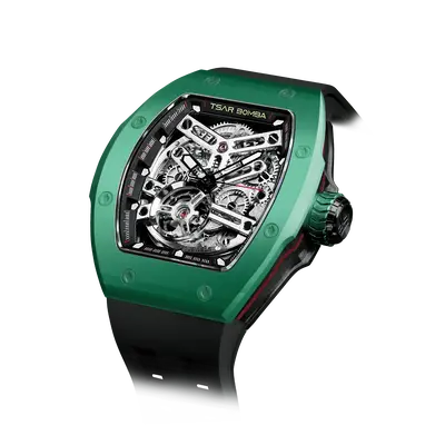 TSAR BOMBA Men's Automatic Watch | Green | Skeleton Mechanical Wristwatch | Stainless Steel Case | 5ATM Waterproof Luxury Spo...