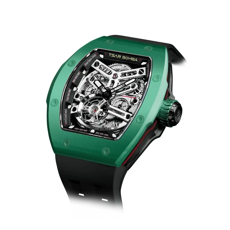 TSAR BOMBA Men's Automatic Watch | Green | Skeleton Mechanical Wristwatch | Stainless Steel Case | 5ATM Waterproof Luxury Spo...