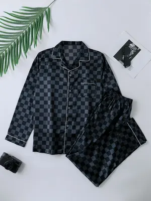 Two-Piece Set Men's Plaid Print Satin Pyjama Set, Long Sleeve Button Up Top & Pants PJ Set, Casual Comfy Men's Sleepwear for ...