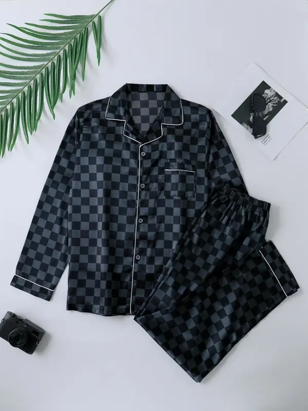 Two-Piece Set Men's Plaid Print Satin Pyjama Set, Long Sleeve Button Up Top & Pants PJ Set, Casual Comfy Men's Sleepwear for ...