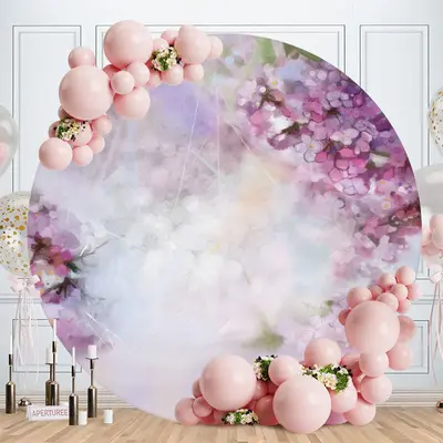 Aperturee Circle Pink Floral Aperture Happy Birthday Backdrop | Round Backdrop Cover Diy | Round Birthday Backdrop Cover | Ro...
