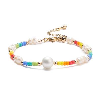 Shell Pearl & Glass Seed Beaded Bracelet with Brass Tiny Teardrop Charm for Women