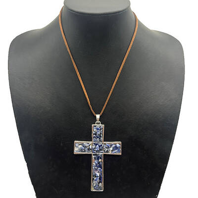 Eco-friendly Zinc Alloy & Natural Chip Blue Spot Jasper Handmade Cross Pendant Cord Necklaces for Women Men