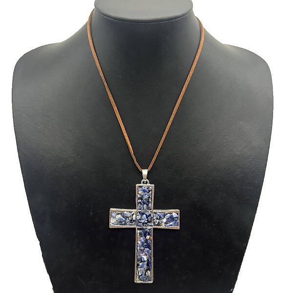Eco-friendly Zinc Alloy & Natural Chip Blue Spot Jasper Handmade Cross Pendant Cord Necklaces for Women Men