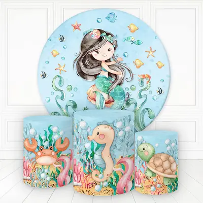 Aperturee Mermaid Sea Animals Plants Round Birthday Backdrop Kit | Custom Round Backdrop | Round Backdrop Fabric Cover | Roun...