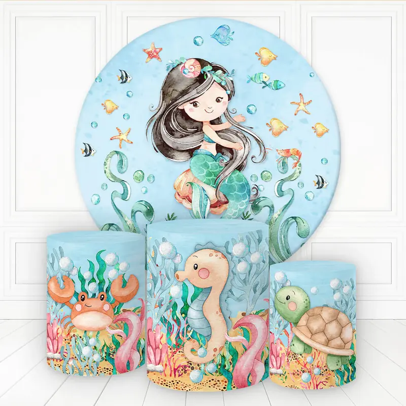 Aperturee Mermaid Sea Animals Plants Round Birthday Backdrop Kit | Custom Round Backdrop | Round Backdrop Fabric Cover | Roun...