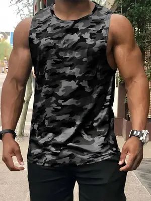 Men's Regular Fit Camo Print Round Neck Tank Top, Casual Sleeveless Crew Neck Top for Summer, Fashion Men's Top for Daily Wea...