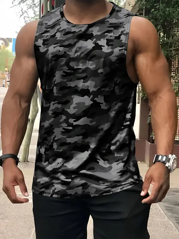 Men's Regular Fit Camo Print Round Neck Tank Top, Casual Sleeveless Crew Neck Top for Summer, Fashion Men's Top for Daily Wea...