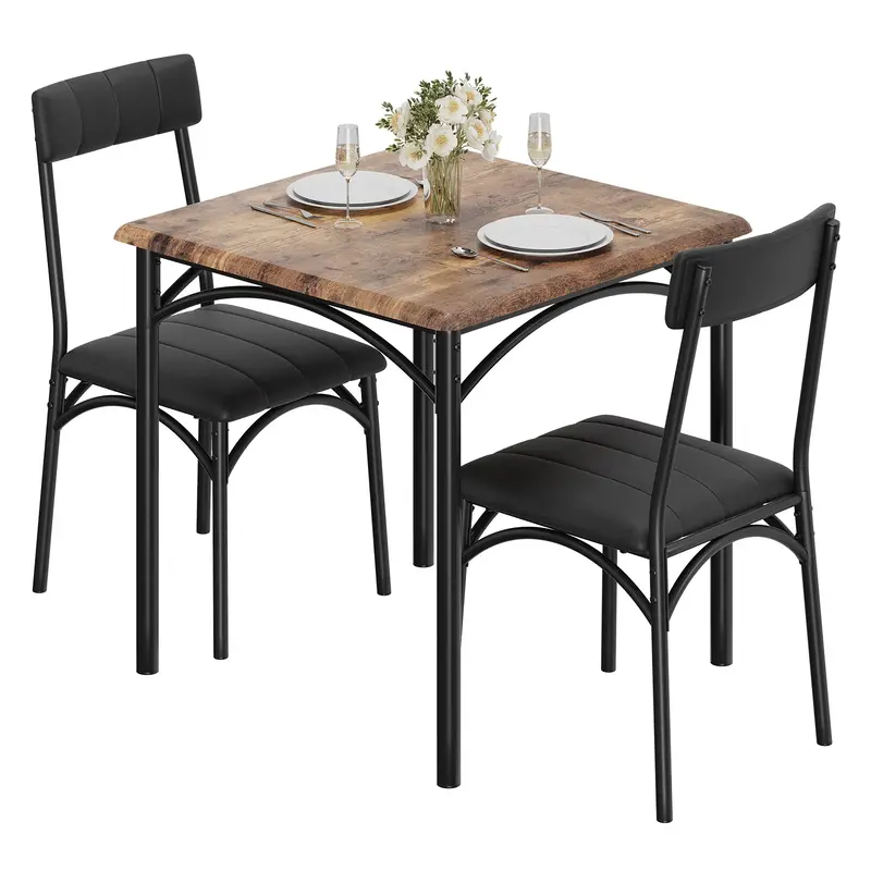 Garvee 3 Piece Dining Table Set for 2, Kitchen Table and Chairs Rectangular, Metal and Wood Dinning Room Table Furniture Set ...
