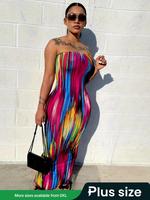 Plus Size All Over Print Split Hem Bodycon Tube Dress, Chic Plus Casual Strapless Dress, Women's Plus Summer Clothes, Capri S...