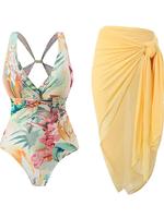 Women's Floral Print Twist Front One-piece Swimsuit & Solid Knot Cover Up Skirt Swimming Outfits Set, Casual Fashion Swimwear...