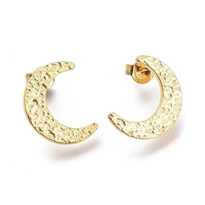 304 Stainless Steel Hammered Crescent Moon Stud Earrings