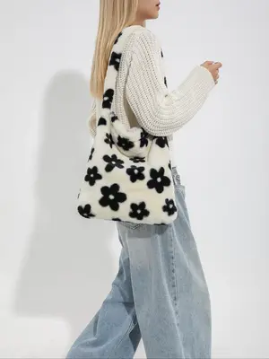 Women's Floral Print Fluffy Plush Soft Flap Shoulder Bag As Popular Winter Item, Fuzzy Warm Trendy Large Capacity Tote Bag fo...