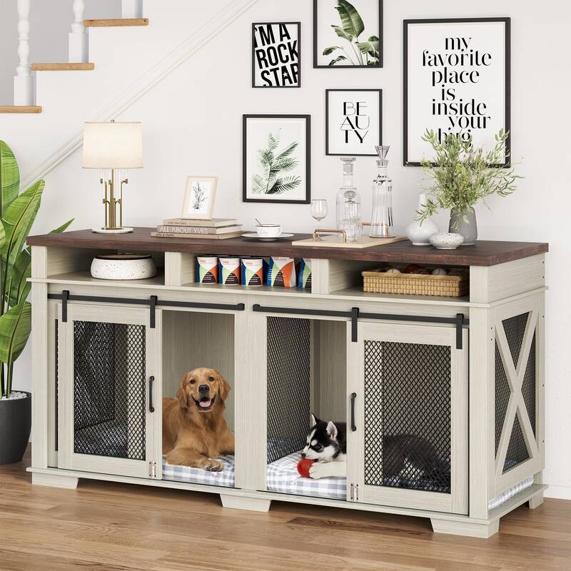 Garvee Dog Crate Furniture for 2 Dogs, 71 Heavy Duty Dog Kennel with 3 Storages and Removable Divider, Furniture Style Indo...