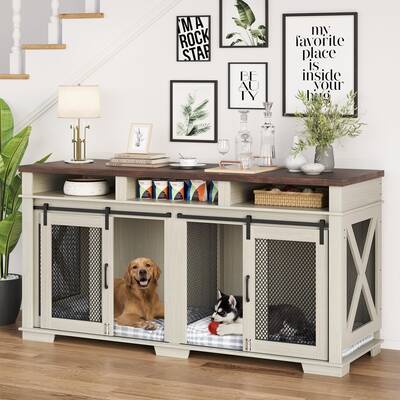 Garvee Dog Crate Furniture for 2 Dogs, 71 Heavy Duty Dog Kennel with 3 Storages and Removable Divider, Furniture Style Indoo...