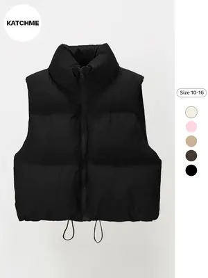 Casual Fall & Winter Solid Stand Collar Zip-Up Cropped Cotton Coat