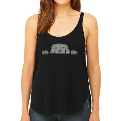 Peeking Dog - Women's Premium Word Art Flowy Tank Top - Black - Large