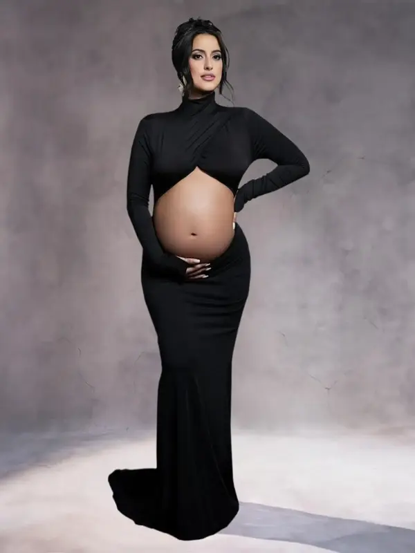 Maternity Solid High Neck Cut Out Long Sleeve Dress, Maternity Clothes for Photo Shoot, Pregnancy Clothing for Summer