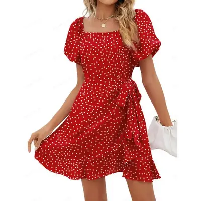 OFEEFAN Womens Summer Dresses Square Neck Puff Sleeve Tie Waist Short Dress