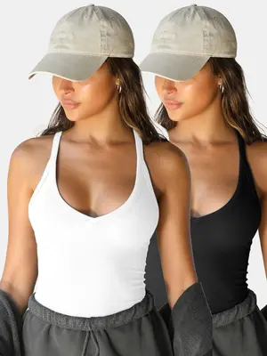 Women's Solid Racerback Ribbed V Neck Tank Top, Casual Sleeveless Top for Daily Wear, Ladies Clothes for All Seasons