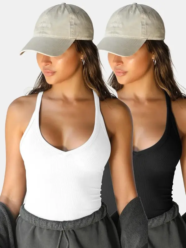 Women's Solid Racerback Ribbed V Neck Tank Top, Casual Sleeveless Top for Daily Wear, Ladies Clothes for All Seasons