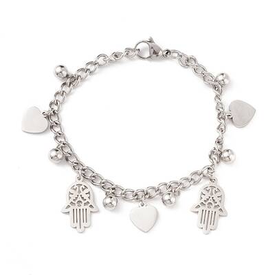 Tarnish Resistant 201 Stainless Steel Heart & Hamsa Hand Charm Bracelet with Curb Chain for Women