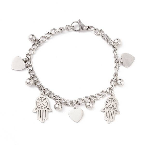 Tarnish Resistant 201 Stainless Steel Heart & Hamsa Hand Charm Bracelet with Curb Chain for Women