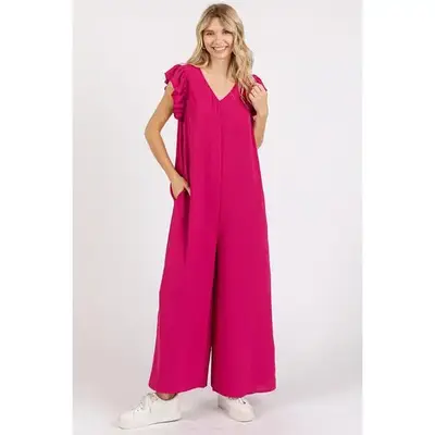 V-Neck Ruffled Cap Sleeve Wide Leg Jumpsuit