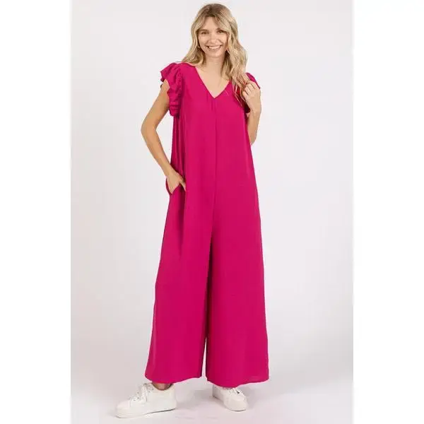 V-Neck Ruffled Cap Sleeve Wide Leg Jumpsuit
