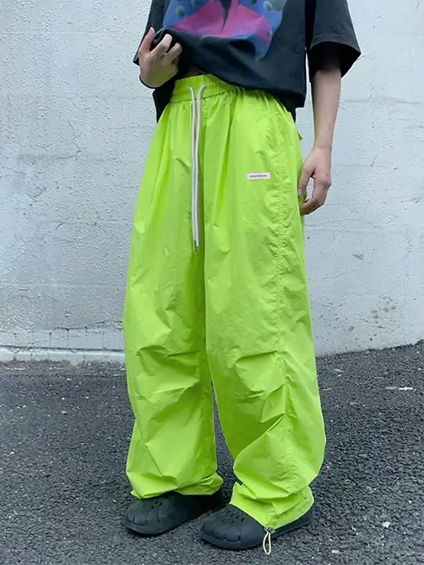 Lgbtq+unisex Men's Letter Patched Drawstring Waist Wide Leg Pants, Casual Waterproof Loose Straight Leg Trousers,  Summer Out...