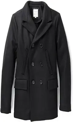 Men's Wool Double Breasted Bond Peacoat with Leather Details - Black