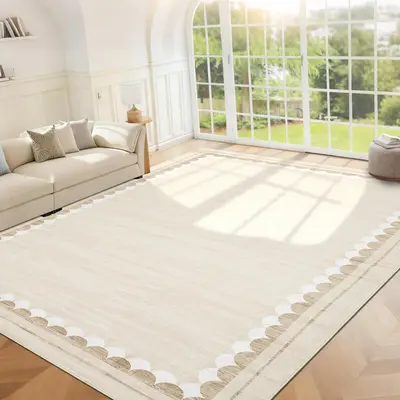 Garvee Washable Area Rug 9x12 Non-Slip Stain-Resistant Polyester Low-Pile Scalloped Border Modern Living Room Bedroom Dining